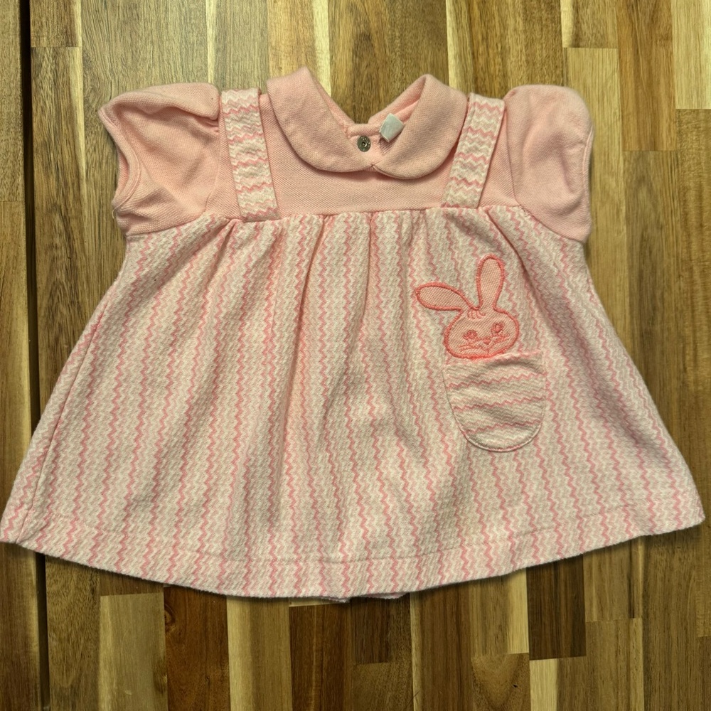 Vintage Carters Baby Girls Pink Chevron Bunny Dress and Bloomers Set 12 Months - Picture 1 of 9